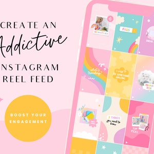 May include: A phone screen displaying a grid of nine colorful Instagram reel feed ideas. The reels are themed around trending topics, FAQs, sneak peeks, and more. The text "CREATE AN Addictive INSTAGRAM REEL FEED" is displayed on the left side of the image. The text "BOOST YOUR ENGAGEMENT" is displayed in a yellow circle on the left side of the image.