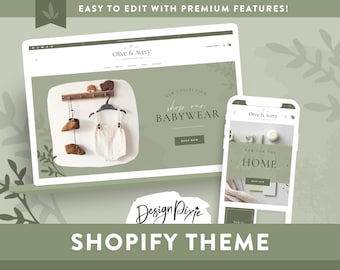 Olive And Avery Shopify Theme - Website Template - Olive Green Shopify Store Baby Lifestyle Gift Boutique - Business OA01 Design Pixie