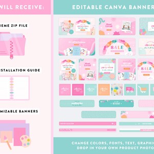 May include: A digital download of customizable Canva banners featuring a pink, blue, and green color scheme with illustrations of balloons, hearts, and flowers. The text on the banners includes "Most Loved", "Party Vibes", "About Us", and "Sale".