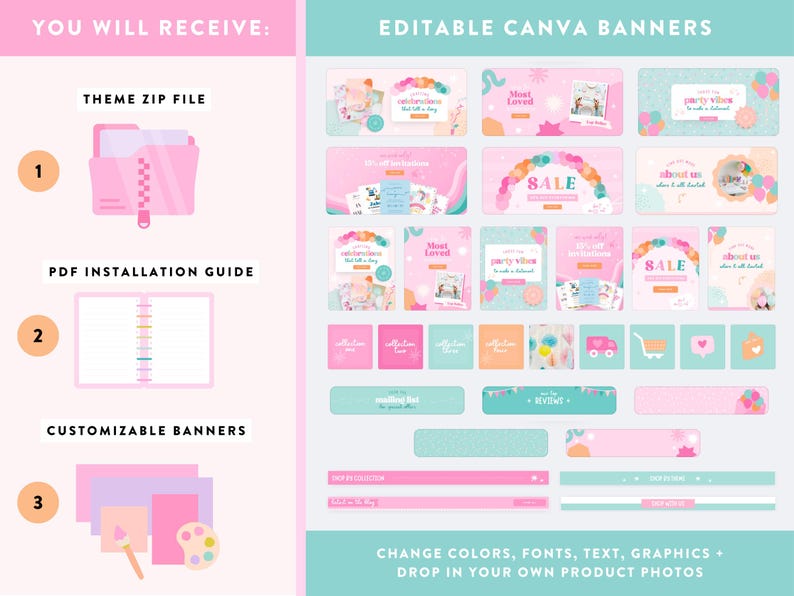 May include: A digital download of customizable Canva banners featuring a pink, blue, and green color scheme with illustrations of balloons, hearts, and flowers. The text on the banners includes "Most Loved", "Party Vibes", "About Us", and "Sale".