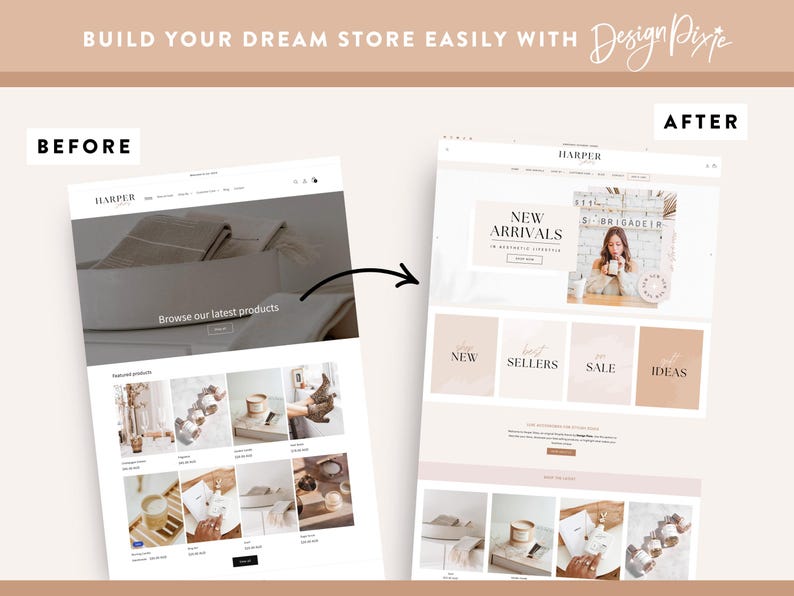Peut inclure: Comparaison de la conception d'un site web avant et apr&egrave;s. L'image "avant" pr&eacute;sente une mise en page simple. L'image "apr&egrave;s" montre un site web repens&eacute; avec une esth&eacute;tique moderne, avec une banni&egrave;re "Nouveaut&eacute;s" et des images de produits.