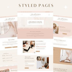 Puede incluir: Un dise&ntilde;o de sitio web para un coach de vida, con un esquema de color rosa y marr&oacute;n con im&aacute;genes de una mujer, un libro y un espejo. El sitio web incluye texto como "Life with Leyla", "Ayudo a las mujeres ambiciosas a encontrar el empoderamiento en la vida cotidiana" y "The Glow Getter Course".