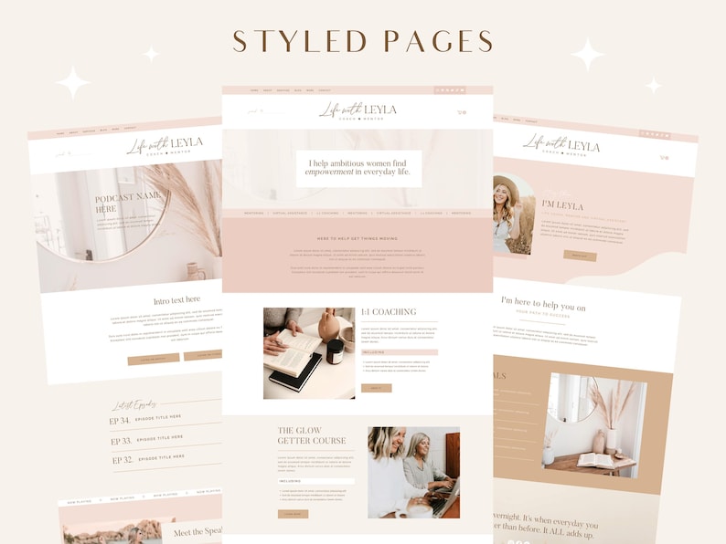 Puede incluir: Un dise&ntilde;o de sitio web para un coach de vida, con un esquema de color rosa y marr&oacute;n con im&aacute;genes de una mujer, un libro y un espejo. El sitio web incluye texto como "Life with Leyla", "Ayudo a las mujeres ambiciosas a encontrar el empoderamiento en la vida cotidiana" y "The Glow Getter Course".