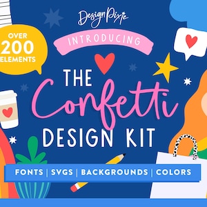 Peut inclure: Kit de design graphique avec le texte "The Confetti Design Kit" en rose. L'image comprend un arc-en-ciel, une tasse à café, des étoiles et une femme aux cheveux roux. Le kit comprend des polices, des SVG, des arrière-plans et des couleurs.