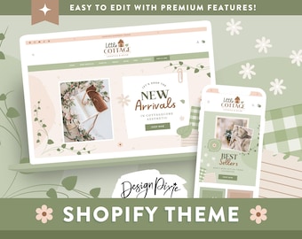 Cottagecore Aesthetic Shopify Theme - Sage Green Peach Shopify Template - Whimsical Shopify Website Design - Cottage CG01 Design Pixie