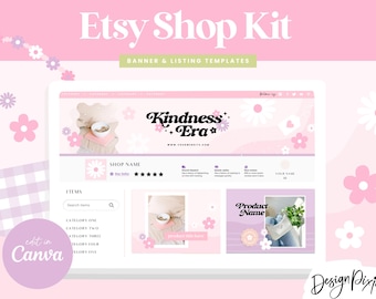 May include: A pink and white Etsy shop banner template with the text "Kindness Era" in a retro font. The banner also includes a website address and a shop name. The template is designed to be used with Canva.