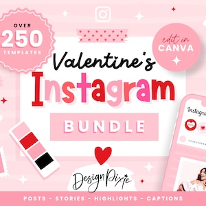 Puede incluir: Paquete de plantillas de diseño gráfico rosa y rojo para publicaciones, historias, destacados y leyendas de Instagram para el Día de San Valentín. Se incluyen más de 250 plantillas. Editar en Canva.