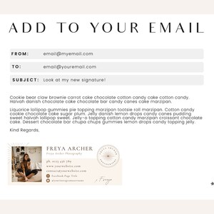 May include: A business card with a photo of a woman holding a camera. The card has the name Freya Archer, a phone number, website address, and social media handles. The text "Look at my new signature!" is written above the card.