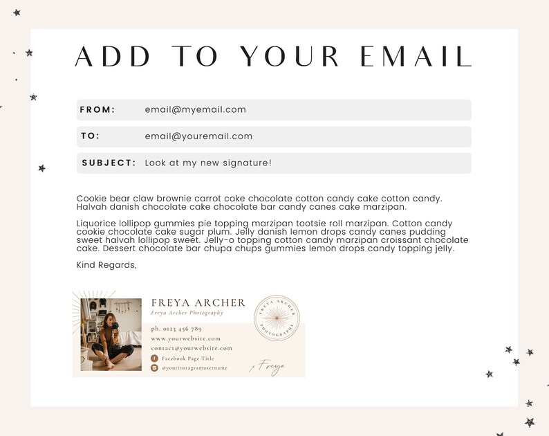 May include: A business card with a photo of a woman holding a camera. The card has the name Freya Archer, a phone number, website address, and social media handles. The text "Look at my new signature!" is written above the card.