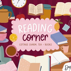Book SVG graphics and elements for Canva with open books, bookshelves, reading chair, teacups and coffee