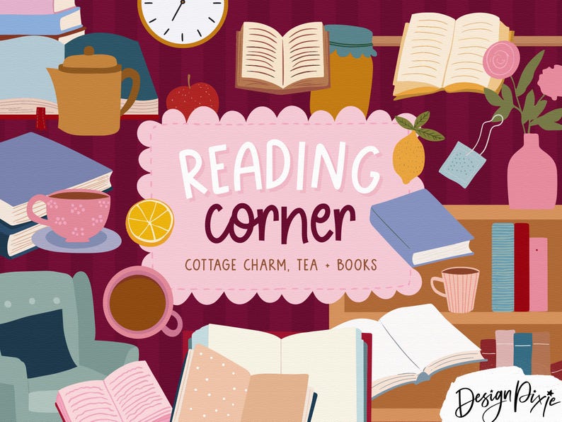 Book SVG graphics and elements for Canva with open books, bookshelves, reading chair, teacups and coffee
