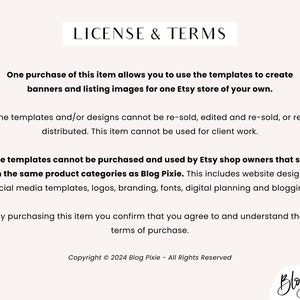 Puede incluir: Texto de licencia y t&eacute;rminos de uso para plantillas de tienda Etsy. Una compra permite el uso para una sola tienda Etsy. Las plantillas no se pueden revender, editar o redistribuir. Las plantillas no se pueden comprar por los propietarios de tiendas Etsy que venden en las mismas categor&iacute;as de productos que Blog Pixie. Esto incluye dise&ntilde;o de sitios web, plantillas de redes sociales, logotipos, branding, fuentes, planificaci&oacute;n digital y blogs. Al comprar, usted acepta y comprende los t&eacute;rminos de compra. Copyright &copy; 2024 Blog Pixie - Todos los derechos reservados.
