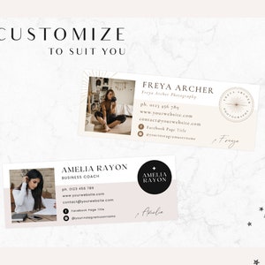 May include: Two business card mockups with a marble background. The top card features a photo of a woman holding a camera and the text "FREYA ARCHER" with contact information. The bottom card features a photo of a woman working at a desk and the text "AMELIA RAYON" with contact information.