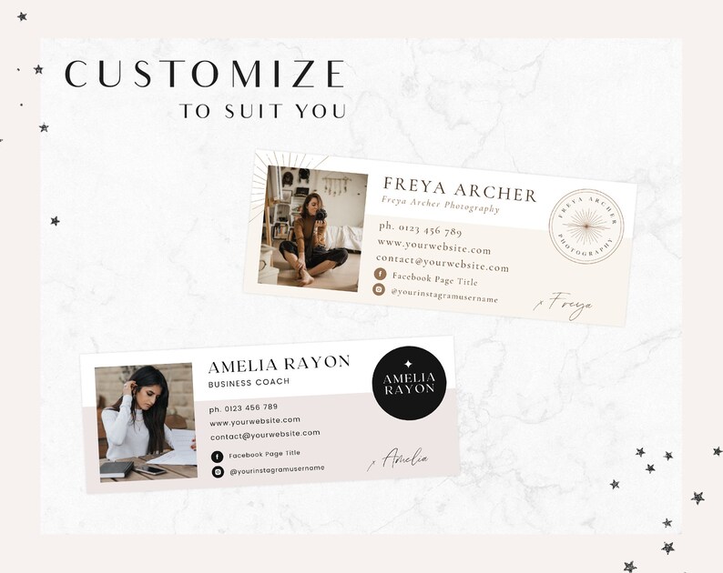 May include: Two business card mockups with a marble background. The top card features a photo of a woman holding a camera and the text "FREYA ARCHER" with contact information. The bottom card features a photo of a woman working at a desk and the text "AMELIA RAYON" with contact information.