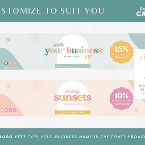 May include: Two customizable social media banner templates with a pastel color scheme. The top banner features a light blue background with a pink and green "write your business" text overlay. The bottom banner features a peach background with a pink and orange "dreamy sunsets" text overlay. Both banners include a discount code and a call to action to edit in Canva.