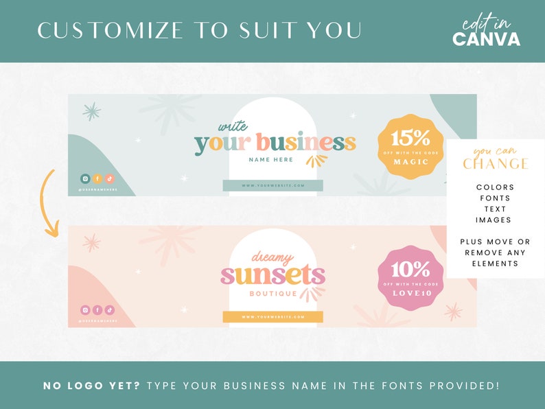 May include: Two customizable social media banner templates with a pastel color scheme. The top banner features a light blue background with a pink and green "write your business" text overlay. The bottom banner features a peach background with a pink and orange "dreamy sunsets" text overlay. Both banners include a discount code and a call to action to edit in Canva.