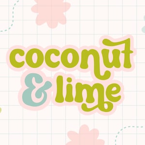 May include: A graphic design with the text "coconut & lime" in a green and blue color scheme on a white background with pink and blue flowers.