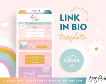 May include: A smartphone screen shows a "Link in Bio" template in pastel colours. The design features clickable links, custom fonts, and graphics. Text on the screen includes "Shine Sista," "Links," and "Sign Up." The template is designed to be edited in Canva.