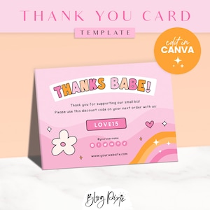 Thank You Card Template Pink Retro-  Canva Thankyou Order Card - Fun Retro Design - Rainbow Small Business Branding - ST01 - Blog Pixie