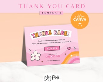 Thank You Card Template Pink Retro-  Canva Thankyou Order Card - Fun Retro Design - Rainbow Small Business Branding - ST01 - Blog Pixie