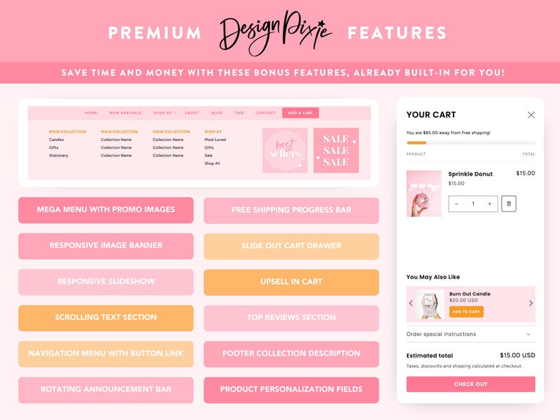 Pink Shopify Theme - Ecommerce Boutique - Pretty Shopify Website Template with Sparkles - Party Candle Shop Branding - CW01 - Design Pixie image 6