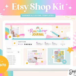 May include: A computer screen displaying a mockup of an Etsy shop banner and listing templates. The banner features a rainbow design with the text "Rainbow Journal" and a shop name. The listing templates include a product image, a product name, and a description. The text "Edit in Canva" is visible in the lower left corner of the screen.
