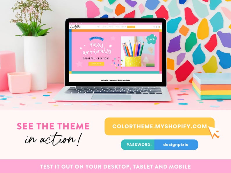 Konfetti Shopify Theme - Helles Buntes Online-Shop-Design - Shopilly Template Digitale Produkte - Kreative Shop-Website - Gussform-CV01 Design-Pixie Bild 3