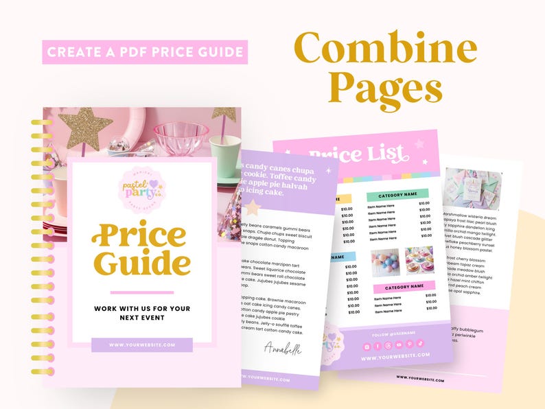 May include: A pink and purple price guide with a gold star and the text "pastel party" and "Price Guide". The guide includes a list of items and prices for a party, such as candy canes, cookies, and cupcakes. The guide also includes the text "Work with us for your next event" and a website address.