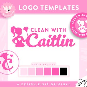 Könnte beinhalten: Rosa Logo-Vorlage für ein Reinigungsunternehmen namens "Clean with Caitlin". Das Logo zeigt eine Comic-Frau, die einen Staubwedel hält, und den Text "Clean with Caitlin" in einer rosa Schreibschrift. Das Logo enthält auch eine Farbpalette mit Rosatönen und Schwarz.