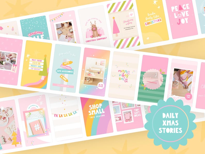 Christmas Instagram story templates to edit in Canva in playful rainbow branding