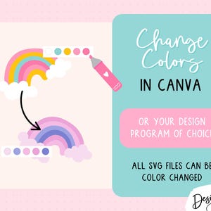 A digital graphic showing a rainbow and colour palette, demonstrating colour changes in Canva. The text reads "Change Colors in Canva" and "All SVG files can be colour changed."