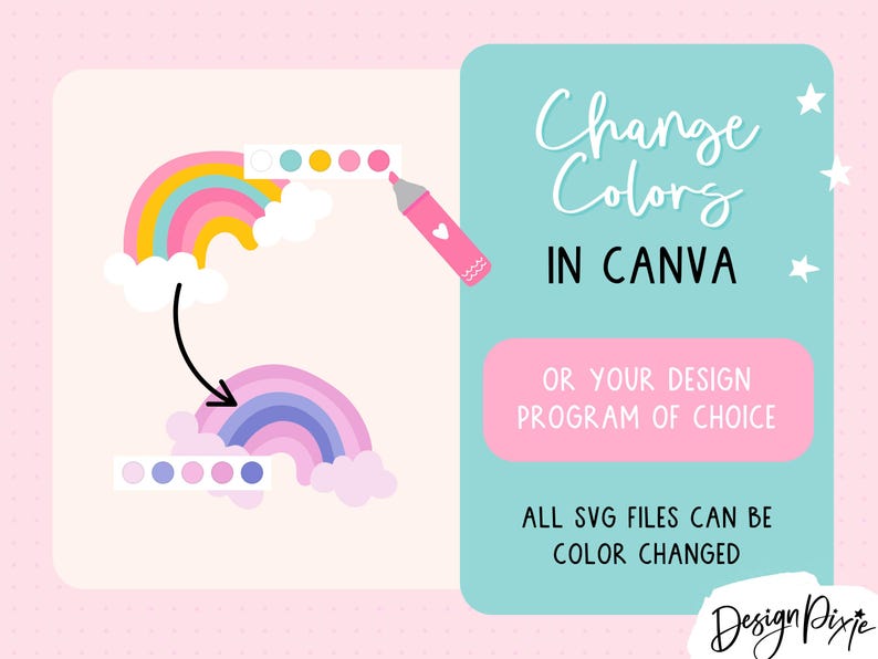 A digital graphic showing a rainbow and colour palette, demonstrating colour changes in Canva. The text reads "Change Colors in Canva" and "All SVG files can be colour changed."