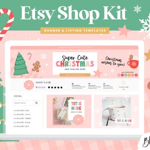 May include: A pink and green Christmas-themed Etsy shop kit with banner and listing templates. The banner features a Christmas tree, gingerbread man, and the text "Super Cute Christmas". The listing templates include a section for items, a title, and a description.