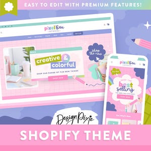 May include: A digital illustration featuring a laptop and smartphone displaying a website interface. The laptop screen shows the text "creative & colorful." The smartphone displays "Shop the best selling." The image has a pink, blue, and green color scheme. Text at the bottom reads "SHOPIFY THEME."