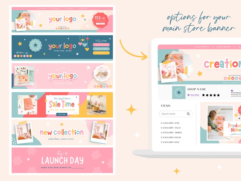Fun Etsy Banner Templates - Etsy Shop Kit Canva - Etsy Shop Bundle - Etsy Store Listing Design - Etsy Banner Template Set - CC01 Blog Pixie image 3