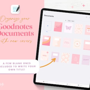 May include: A screenshot of a tablet displaying a digital document organizer app. The app shows a grid of colorful digital notebook covers with various designs, including floral patterns, butterflies, and text. The text "Documents" is at the top of the screen.