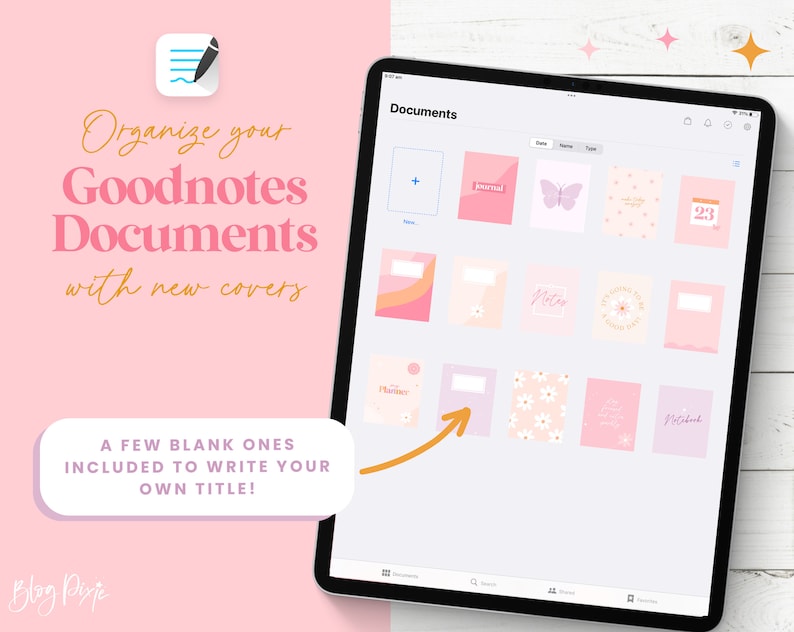 May include: A screenshot of a tablet displaying a digital document organizer app. The app shows a grid of colorful digital notebook covers with various designs, including floral patterns, butterflies, and text. The text "Documents" is at the top of the screen.