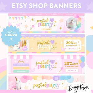 Könnte beinhalten: Vier Etsy-Shop-Banner in einem Pastellfarbschema mit einem Einhorn, einem Kuchen, Sternen und dem Text "pastel party co.". Die Banner sind für die Werbung eines Shops konzipiert, der pastellfarbene Partyartikel verkauft.