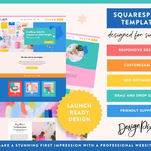 May include: A colorful Squarespace template design with a website layout, featuring text like "Crafting colorful seasons to shine bright" and "Launch Ready Design." The design includes elements like "Responsive Design" and "SEO Optimized."