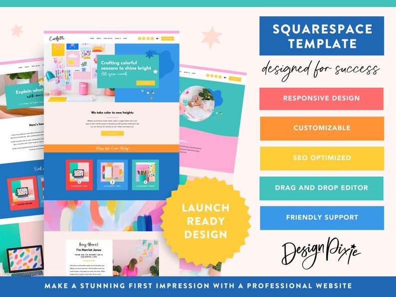 May include: A colorful Squarespace template design with a website layout, featuring text like "Crafting colorful seasons to shine bright" and "Launch Ready Design." The design includes elements like "Responsive Design" and "SEO Optimized."