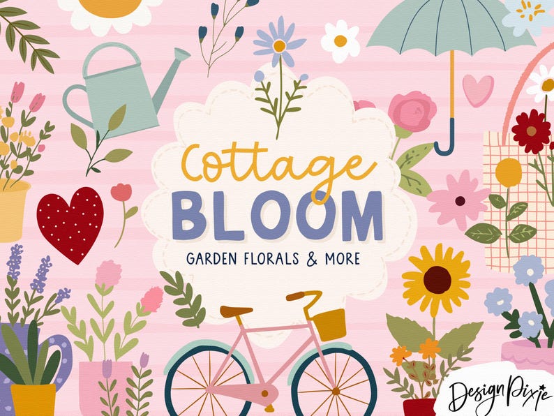 May include: A digital illustration on a light pink background featuring the text Cottage BLOOM GARDEN FLORALS & MORE. The design includes a pink bicycle, a light blue watering can, a teal umbrella, various colorful flowers, and a red heart.