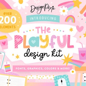 May include: A digital design kit graphic titled Design Pixie Introducing The Playful Design Kit with over 200 elements. The image features colorful illustrations of a laptop, smartphone, coffee cup, candle, and stationery on a pink background.