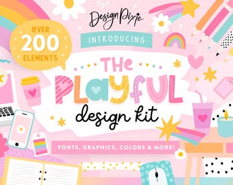 Playful Design Kit - Cute SVG Graphics - Creative Fonts Bundle - Rainbow Clipart Color HEX Palettes - Canva Elements - PF01 Design Pixie