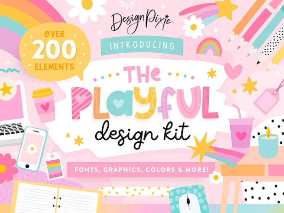 Playful Design Kit - Cute SVG Graphics - Creative Fonts Bundle - Rainbow Clipart Color HEX Palettes - Canva Elements - PF01 Design Pixie