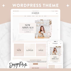 May include: A website design displayed on a tablet and smartphone, showcasing a WordPress theme. The theme, named "Harper," features a neutral colour palette with the text "New Arrivals" and "Design Pixie."