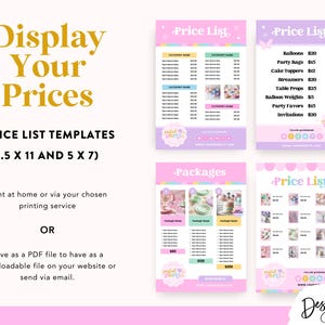May include: Four printable price list templates for a party planning business. The templates are in pink and purple with a whimsical design. The text on the templates reads "Price List" and "Packages".
