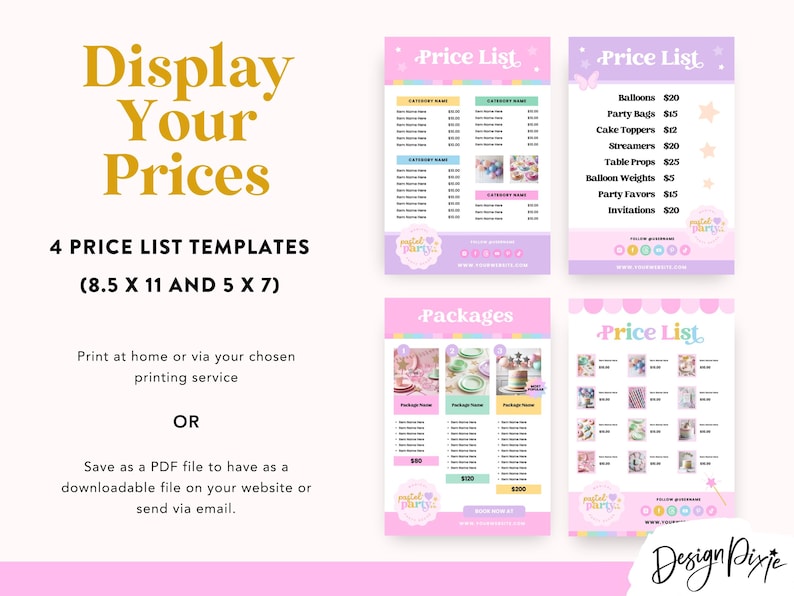 May include: Four printable price list templates for a party planning business. The templates are in pink and purple with a whimsical design. The text on the templates reads "Price List" and "Packages".