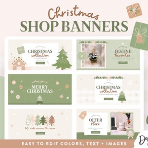 May include: A collection of Christmas shop banners with a festive theme. The banners feature a variety of designs, including Christmas trees, gift boxes, and the text "Christmas Collection" and "Merry Christmas". The color palette includes green, beige, and brown.
