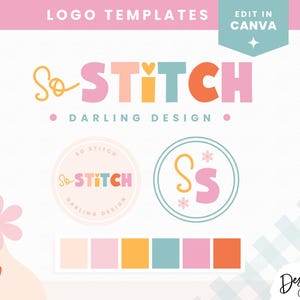 Peut inclure: Un modèle de logo pour une entreprise appelée "So Stitch" avec un schéma de couleurs rose, jaune, orange et bleu. Le logo présente le texte "So Stitch" avec un cœur au-dessus du mot "Stitch". Le texte "Darling Design" est sous le logo. Il existe deux variantes de logo supplémentaires, l'une avec un cercle autour du texte "So Stitch" et l'autre avec un cercle autour de la lettre "S". Une palette de couleurs est affichée sous les logos.