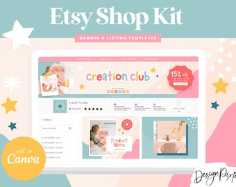 May include: A laptop screen displaying a mockup of an Etsy shop banner and listing templates. The banner features a pink and blue color scheme with the text "creation club" and a 15% off sale. The listing templates include a product image, product name, and category listings. The text "edit in Canva" is visible in the lower left corner of the image.
